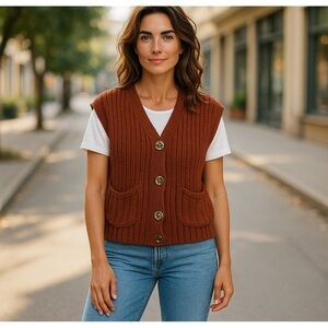 UEU Chunky Crop Knit Red Sweater Vest SZ L Women Western Streetwear Open Pockets